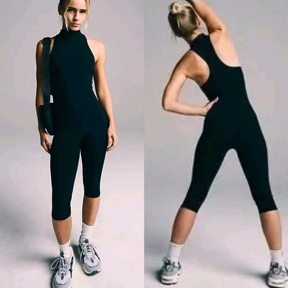 FREE PEOPLE FP MOVEMENT High Side One-Piece Jumpsuit M/L Black Back Zip Shorts